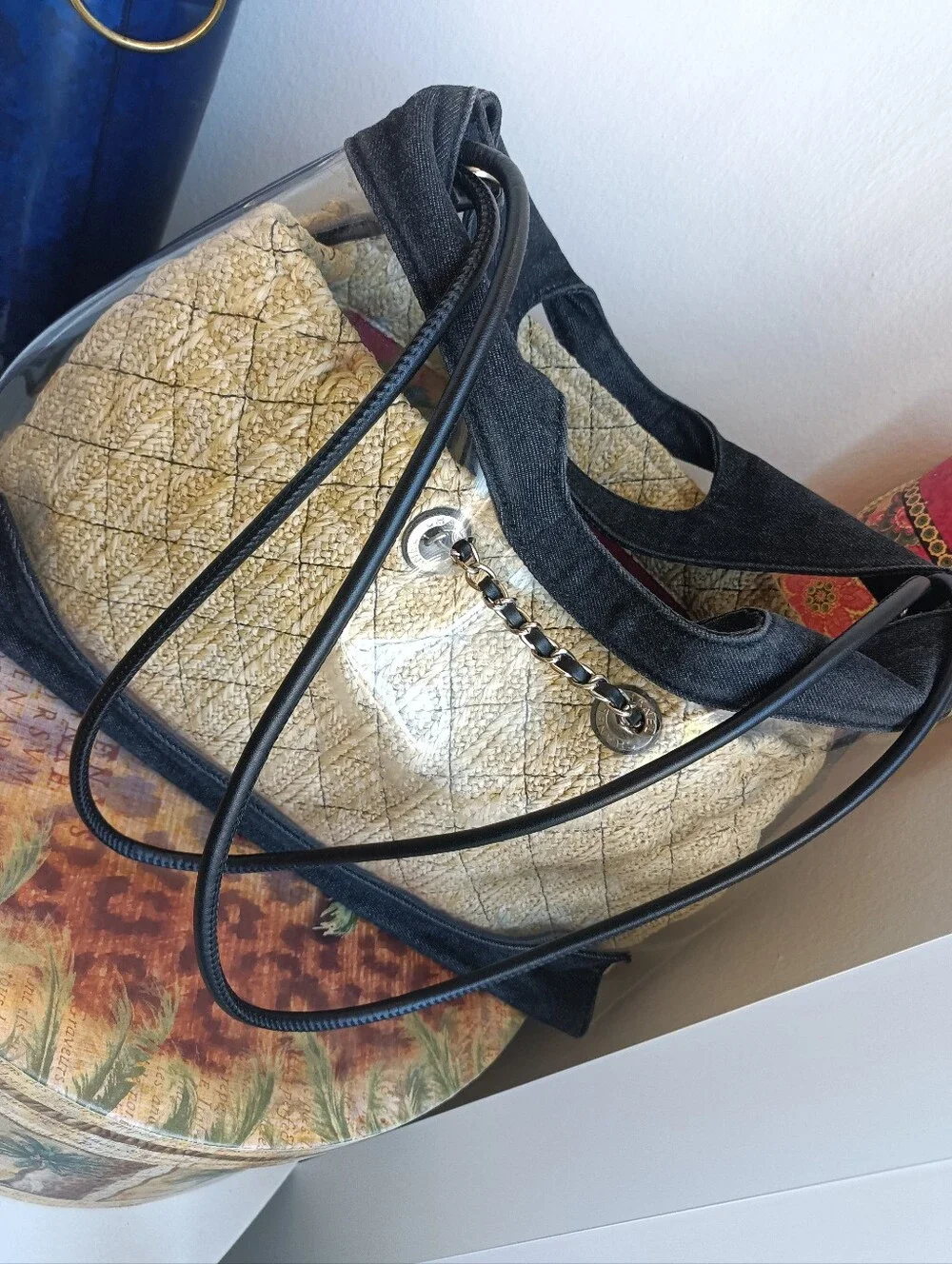 Chanel 31 Shopping Clear PVC Bag with A Beige Pouch Insert and Black Denim Trim